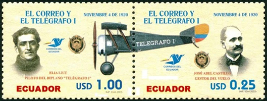 I francobolli commemorativi del pilota Elia Liut e dell'imprenditore José Abril Castillo che con il voli di Telegrafo I crearono il servizio postale aereo in Ecuador