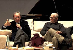 Il cantautore Franco Battiato (1945-2021) con il filosofo Manlio Sgalambro (1924-2014)