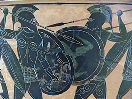 Opliti greci in combattimento (particolare da un manufatto del Museo di Atene)