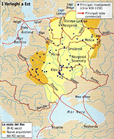 Il territorio della Rus’ di Kiev sotto Jaroslav il Saggio, quando il principato raggiunse l’apice dell’espansione territoriale.