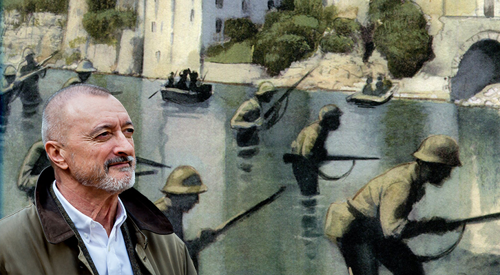 Lo scrittore Arturo Pérez-Revret osserva gli uomini dell'XI Brigata Mistra dell'esercito repubblicano che attraversano l'Ebro. L'illustrazione è di Fernando Vincente per il volume 'La guerra civil contada a los jóvens'