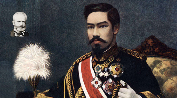 Il ritratto ufficiale dell'Imperatore del Giappone Meiji con in alto la foto dell'autore, l'italiano Eduardo Chiossone