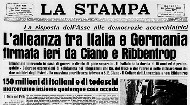 La notizia della stipula del Patto d’Acciaio tra Italia e Germania il 22 maggio 1939