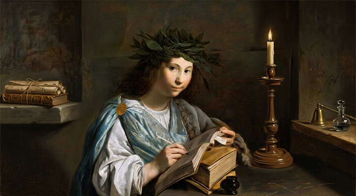 Clio, la musa della Storia. Rielaborazione digitale del dipinto del pittore olandese Johannes Moreelse (1603-1634) conservato nel Museo Nazionale di Varsavia.
