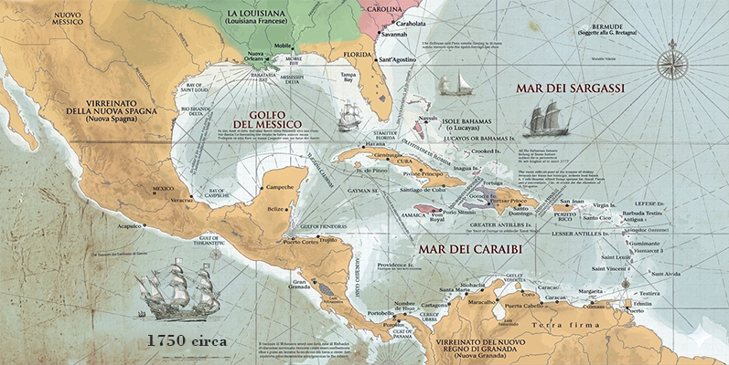 Cartina dell'Impero spagnolo nelle americhe. Anno 1750 circa