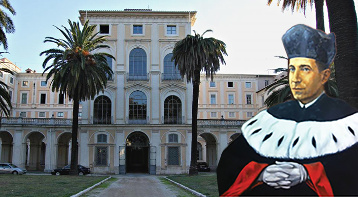 Un ritratto di Tullio Terni con sullo sfondo la sede dell'Accademia dei Lincei