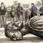 Nel disegno la statua di Cristoforo Colombo che si ergeva presso il Minnesota State Capitol, buttata giù dai dimostranti il 10 giugno 2020. Uno dei tratti distintivi della Cancel Culture è la furia iconoclasta.
