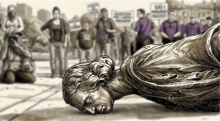 Nel disegno la statua di Cristoforo Colombo che si ergeva presso il Minnesota State Capitol, buttata giù dai dimostranti il 10 giugno 2020. Uno dei tratti distintivi della Cancel Culture è la furia iconoclasta.