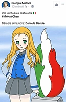 Senza maschera. La premier rilancia un «Meloni Chan» disegnato dal fan Daniele Banda 